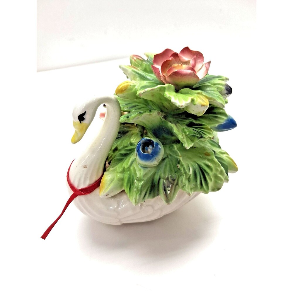 Vintage Arnart Japan Porcelain Swan Figurine Floral Flowers